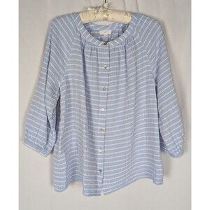 J. Jill Blouse M Women's Blue White Striped Button Down Long Sleeve Cotton Gauze